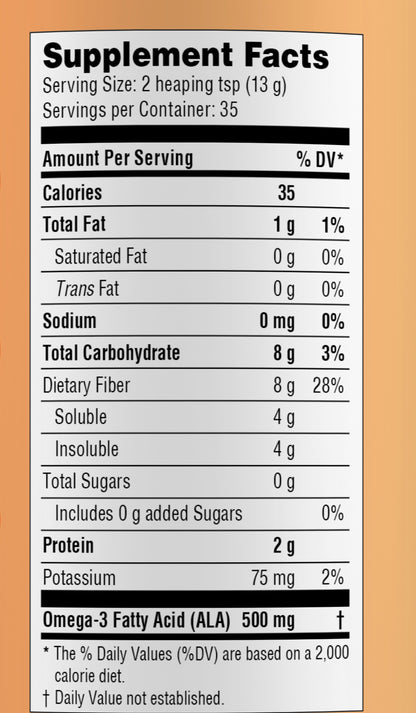 Supplement Facts, ChiaMucil Orange; full text below